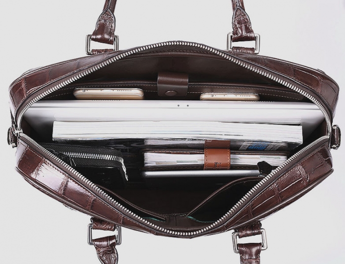 Alligator Leather Briefcase Shoulder Laptop Business Messenger Bag-Inside