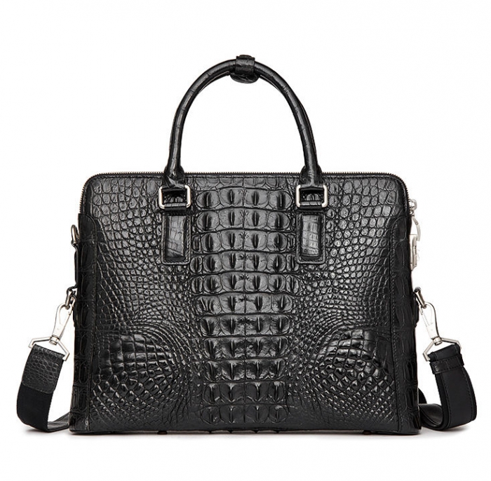 Crocodile Leather Laptop Briefcase with Combination Lock-Black-Back
