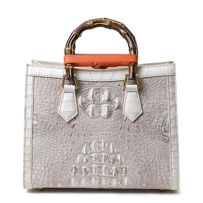 Crocodile Shoulder Bag Crossbody Bag with Bamboo Handle-White