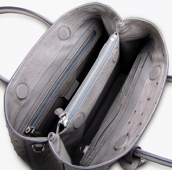 Ostrich Leather Tote Bag Top Handle Shoulder Bag-Gray-Inside