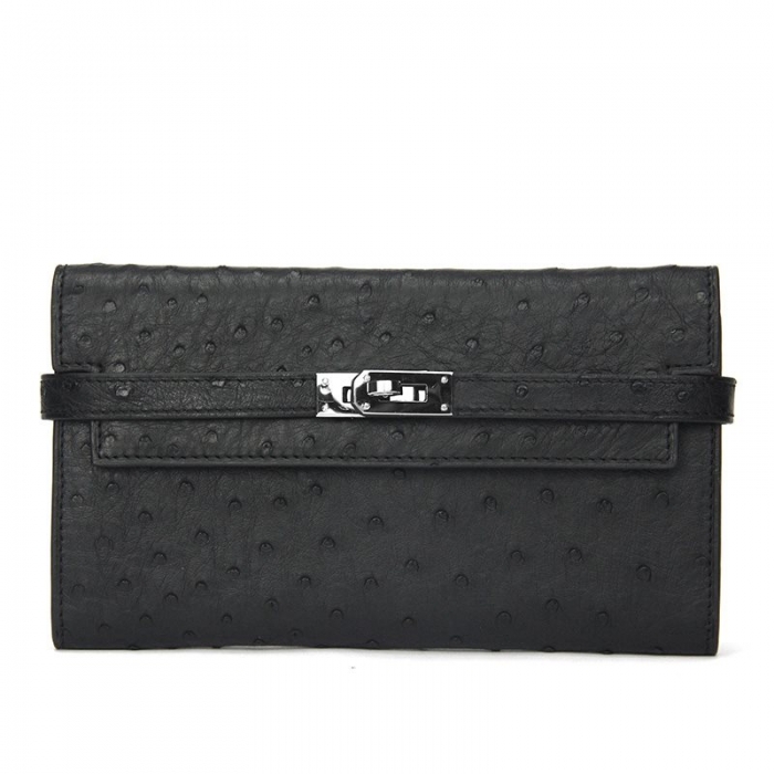 Stylish Evening Ostrich Leather Clutch Wallet Ladies Purse-Black