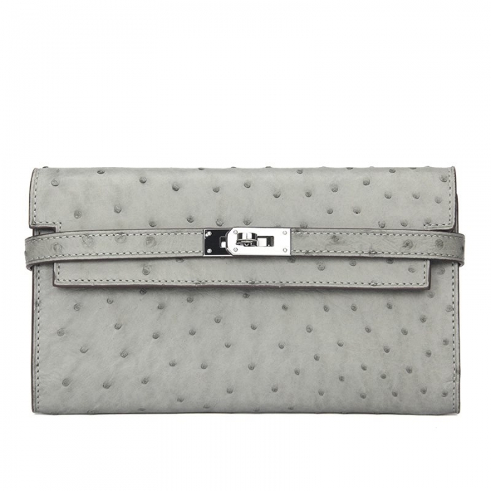 Stylish Evening Ostrich Leather Clutch Wallet Ladies Purse-Gray