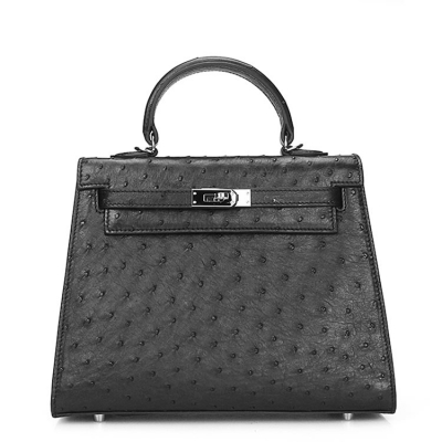 Women's Ostrich Handbags Top Handle Padlock Bags-Black
