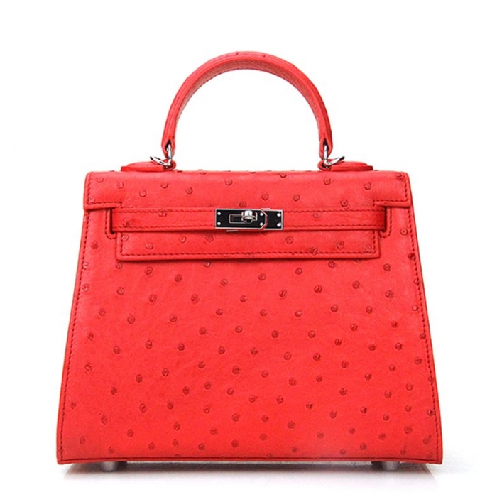 Women's Ostrich Handbags Top Handle Padlock Bags-Red