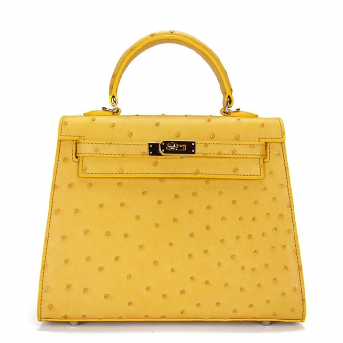 Women's Ostrich Handbags Top Handle Padlock Bags-Yellow