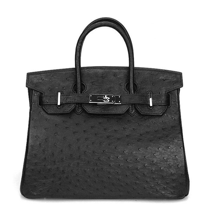 Women's Padlock Ostrich Handbag Top Handle Bag-Black