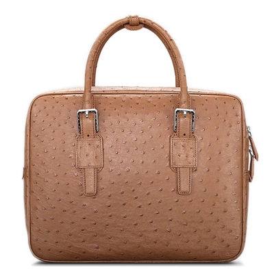 Designer Ostrich Leather Business Work Briefcase Laptop Bag-Tan