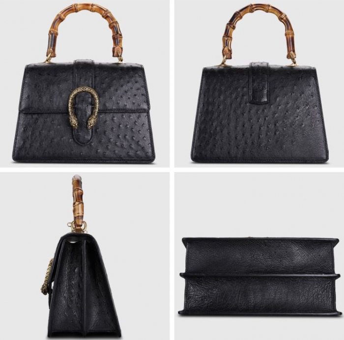 Ostrich Crossbody Bag Ostrich Handbag with Bamboo Handle-Black-Details