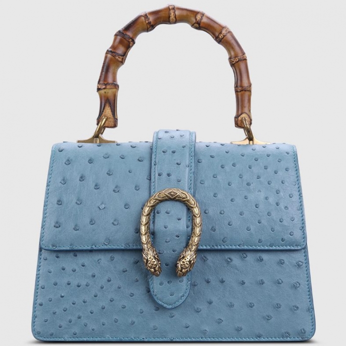 Ostrich Crossbody Bag Ostrich Handbag with Bamboo Handle-Blue