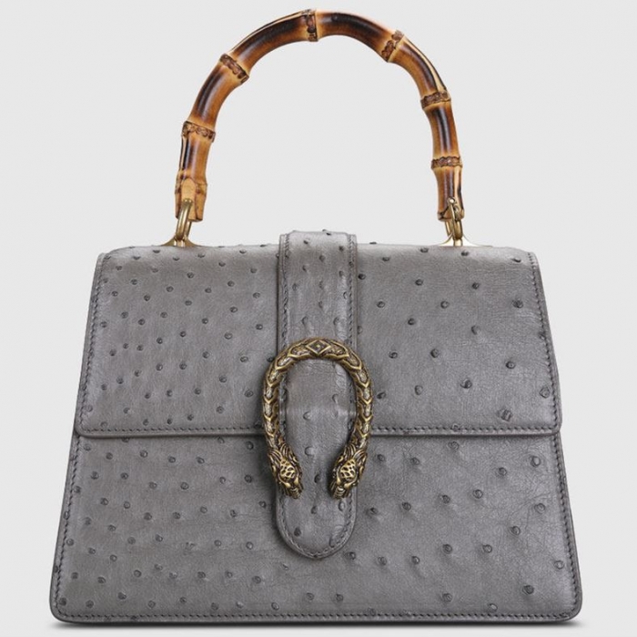 Ostrich Crossbody Bag Ostrich Handbag with Bamboo Handle-Gray