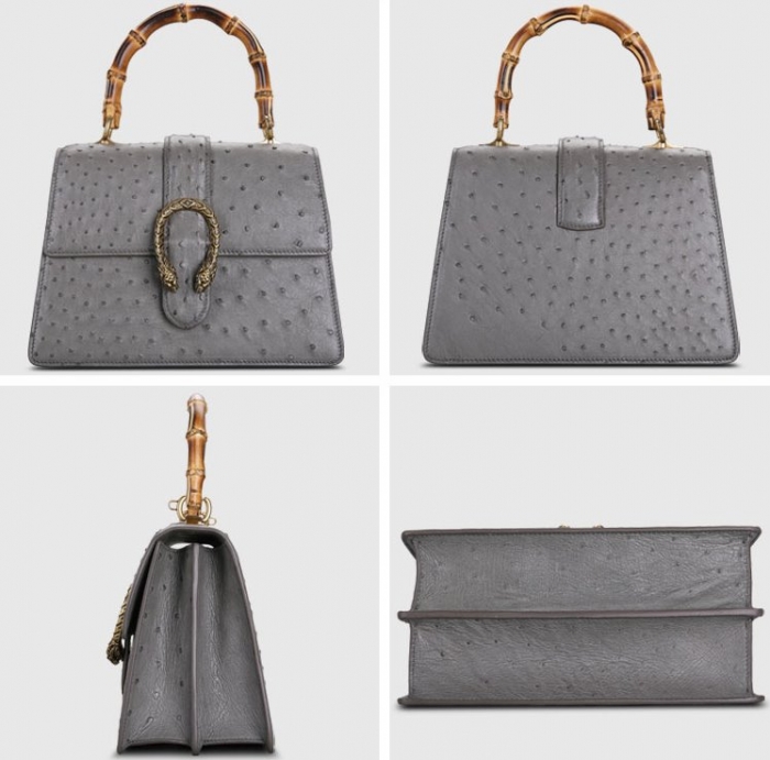 Ostrich Crossbody Bag Ostrich Handbag with Bamboo Handle-Gray-Details