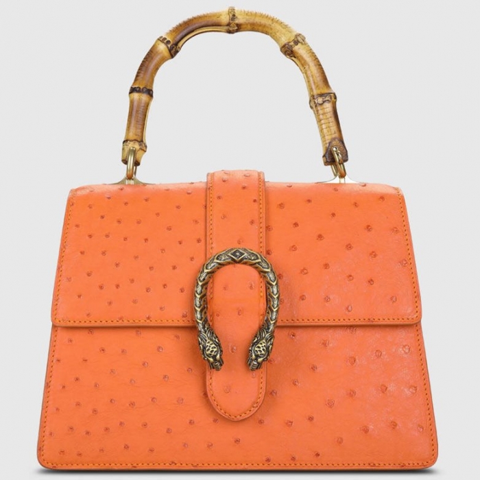 Ostrich Crossbody Bag Ostrich Handbag with Bamboo Handle-Orange