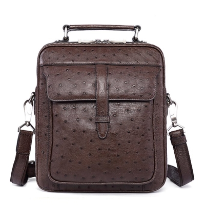 Ostrich Leather Flapover Briefcase Messenger Bag-Brown