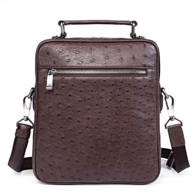 Ostrich Leather Flapover Briefcase Messenger Bag-Brown-Back