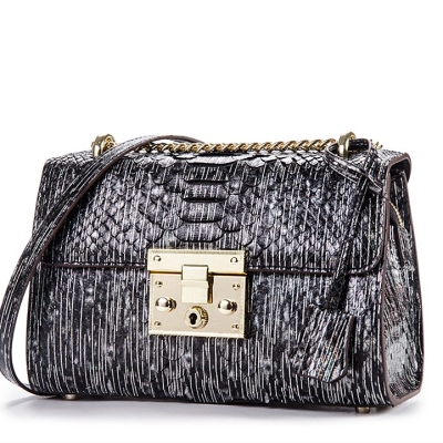 Python Skin Purse, Python Skin Clutch Bag Cross Body Bag-Black-Mirco Side