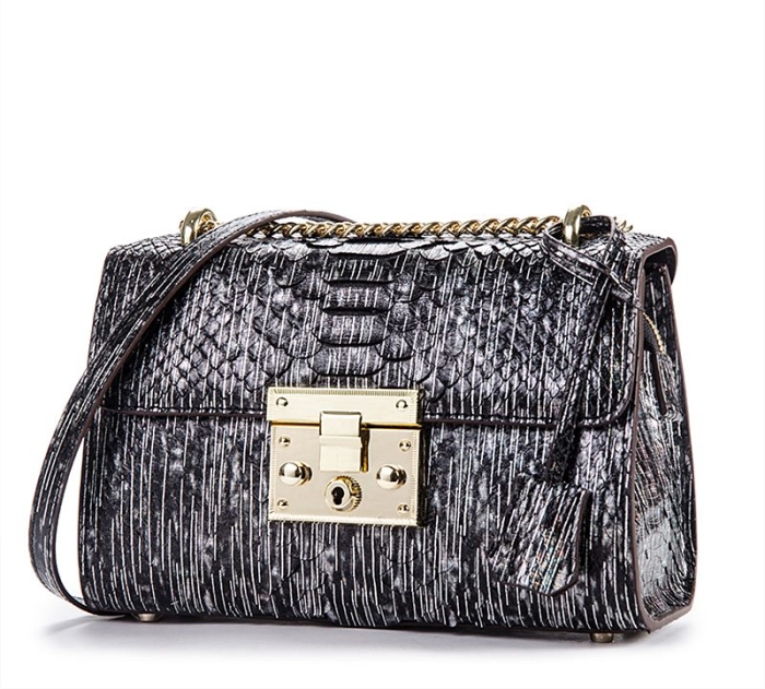 Python Skin Purse, Python Skin Clutch Bag Cross Body Bag-Black-Mirco Side