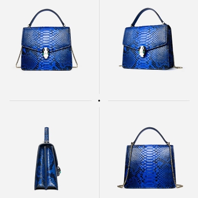 Designer Python Skin Tote Bag Purse Crossbody Bag-Blue-Details