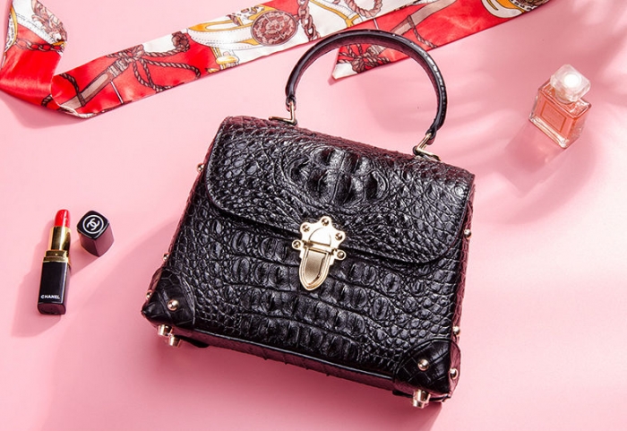 Ladies Crocodile Shoulder Bag Top Handle Handbag-Black-1