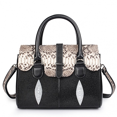 Ladies Stingray Leather Handbags Snap Closure Purses-Black