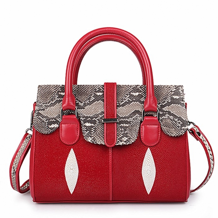 Ladies Stingray Leather Handbags Snap Closure Purses-Red