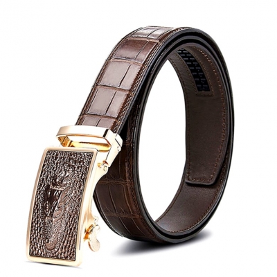 Mens Alligator Leather Belt with Automatic Buckle-Brown