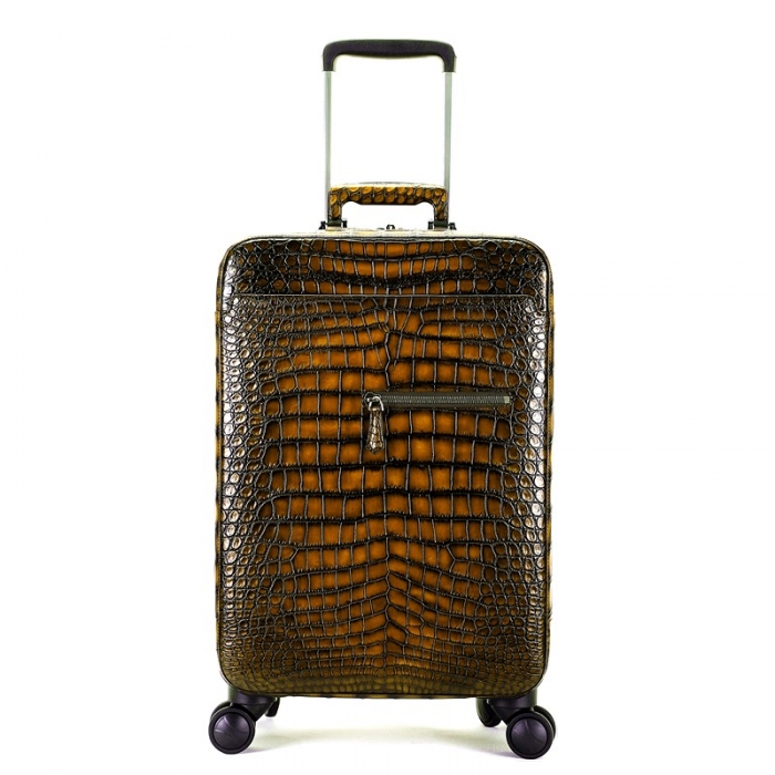 Alligator Leather Luggage Business Travel Spinner Suitcase-Brown