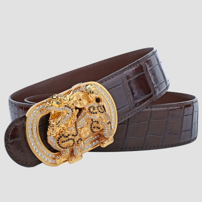 Mens Alligator Belt with Natural Zircons and Kylin Pattern Pin Buckle-Brown-1