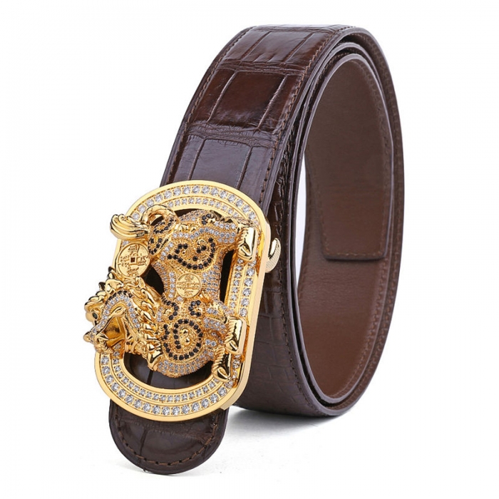 Mens Alligator Belt with Natural Zircons and Kylin Pattern Pin Buckle-Brown