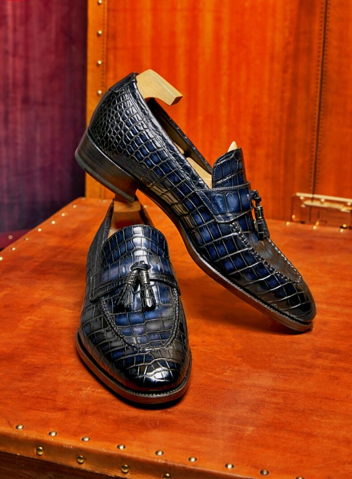 Alligator Leather Tassel Loafer in Goodyear Welted-Blue
