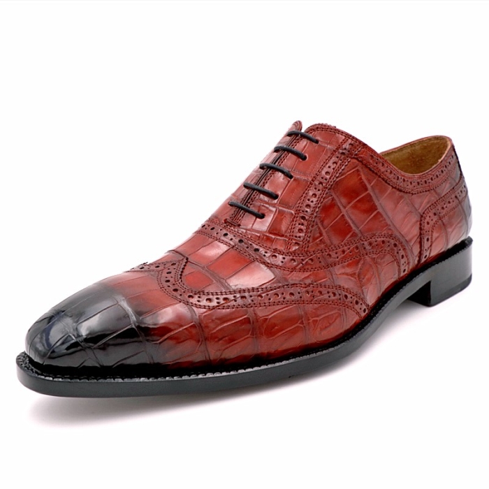 Mens Alligator Leather Wingtip Lace-Up Oxford-Burgundy