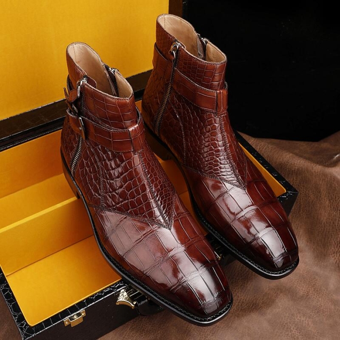Alligator Leather Zipper and Buckle Boots for Men