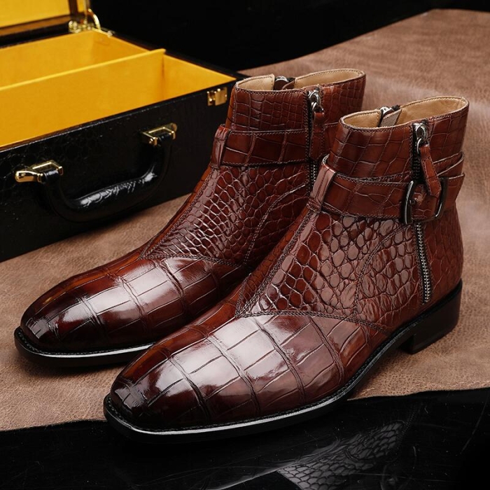Alligator Skin Zipper and Buckle Boots for Men-1