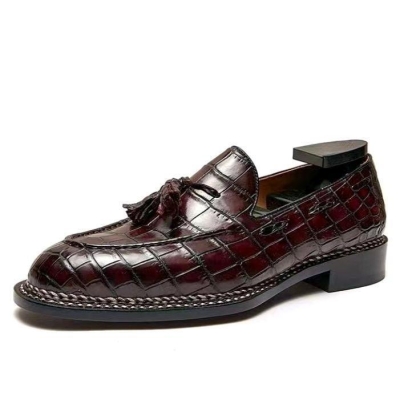 Alligator Tassel Slip-On Loafers in Goodyear Welted Construction-Burgundy