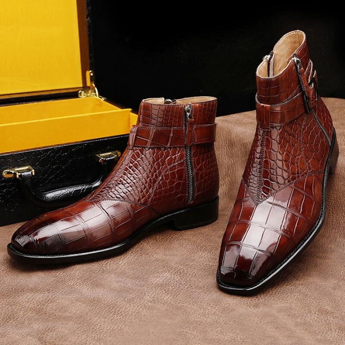 Alligator Zipper and Buckle Boots for Men