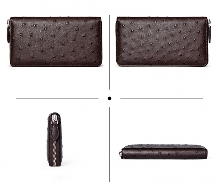 Genuine Ostrich Skin Long Wallet with Zipper for Men-Details