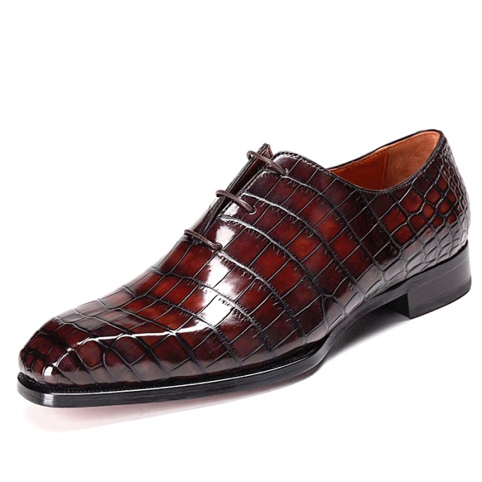 Men’s Alligator Leather Wholecut Oxford Shoes-Burgundy