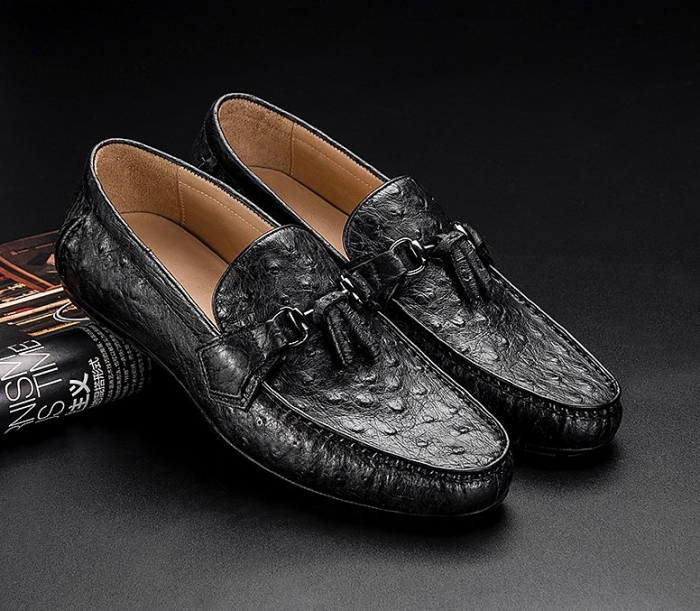Comfortable Ostrich Leather Tassel Loafer Slip-On Shoes-Black-1