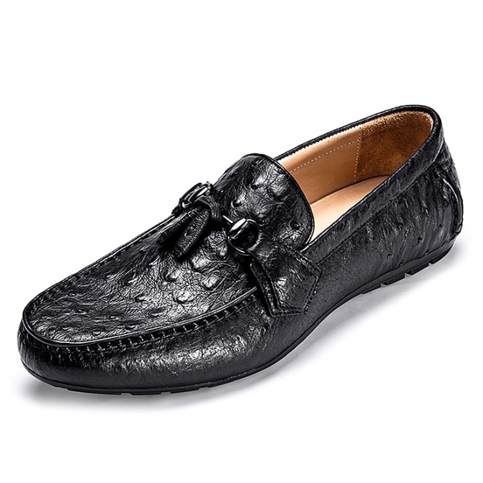 Comfortable Ostrich Leather Tassel Loafer Slip-On Shoes-Black