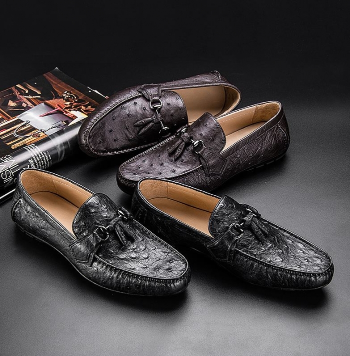 Ostrich Leather Tassel Loafer Slip-On Shoes for Men
