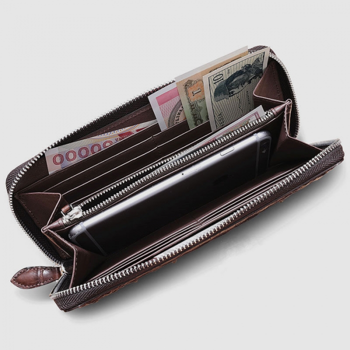 Crocodile Leather Long Checkbook Wallets Phone Clutch with Zipper-Lining