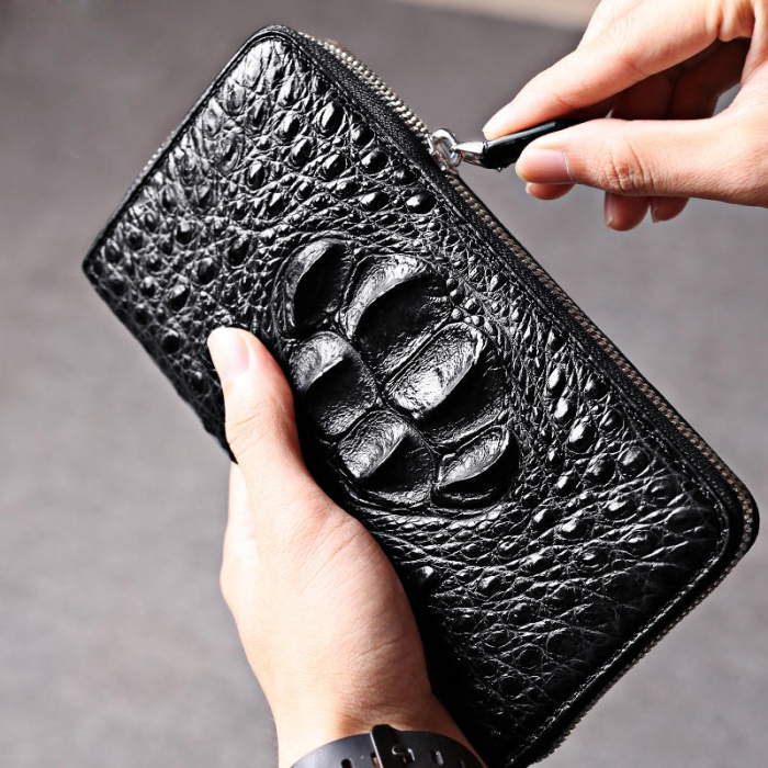 Mens Crocodile Leather Long Checkbook Wallets Phone Clutch with Zipper