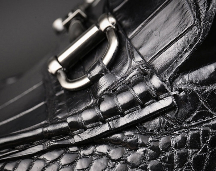 Casual Alligator Leather Moc-Toe Bit Slip-On Penny Loafer-Black-Details
