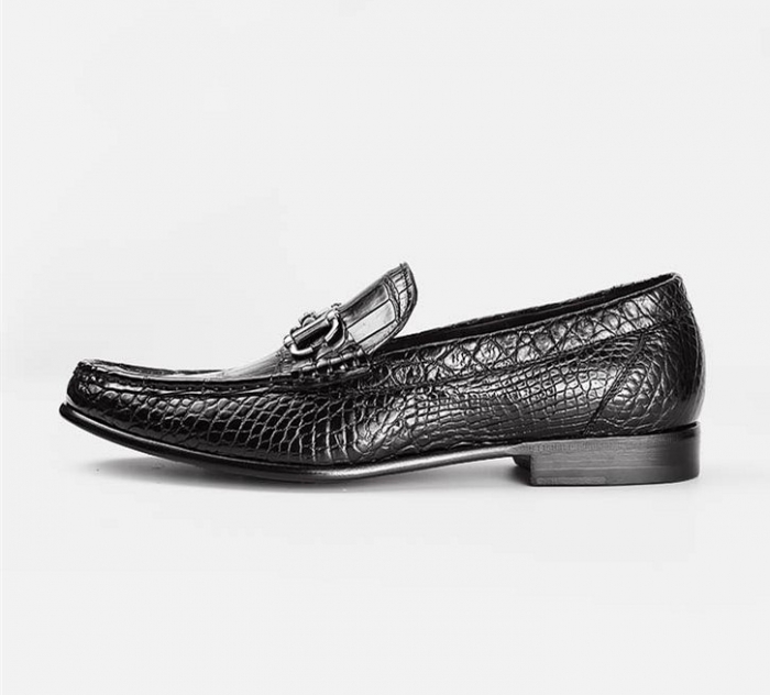 Casual Alligator Leather Moc-Toe Bit Slip-On Penny Loafer-Black-Side