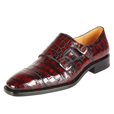 Handcrafted Alligator Double Buckle Monk Strap Cap Toe Shoes