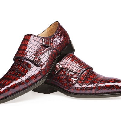 Handcrafted Alligator Double Buckle Monk Strap Cap Toe Shoes-Burgundy