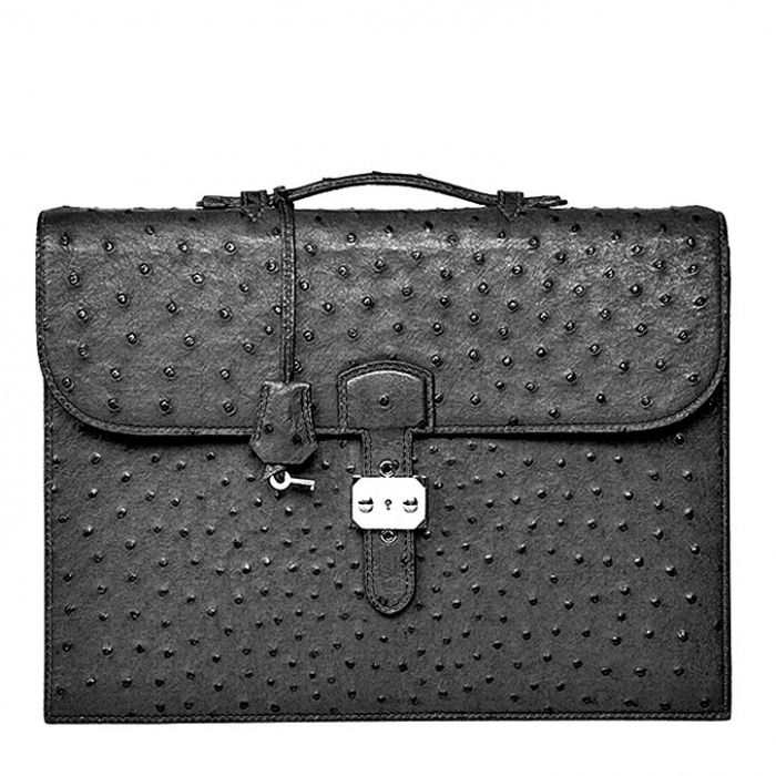 Casual Ostrich Leather Briefcase Laptop Bag-Black