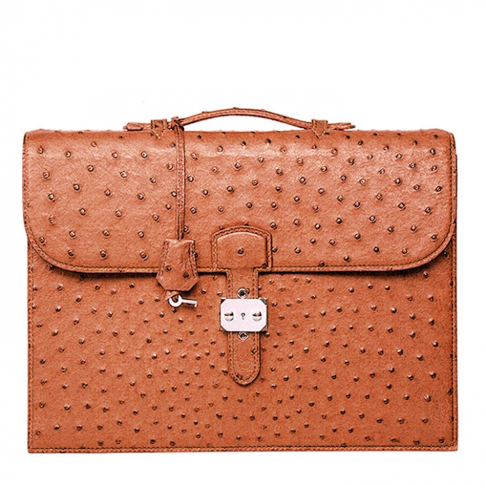 Casual Ostrich Leather Briefcase Laptop Bag-Tan