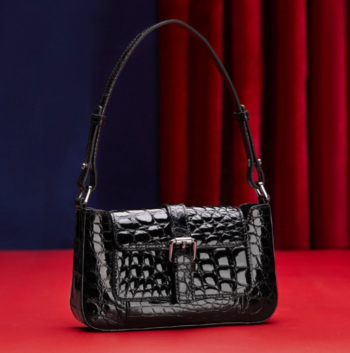 Alligator Leather Clutch Purses Small Shoulder Bags for Women-Black
