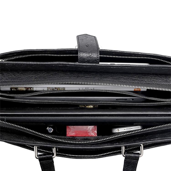 Classic Ostrich Leather Messenger Bag Laptop Bag for Men-Inside