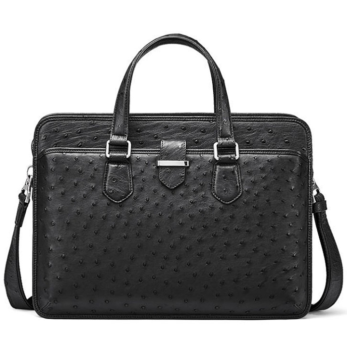 Ostrich Leather Messenger Bag Laptop Bag for Men-Black